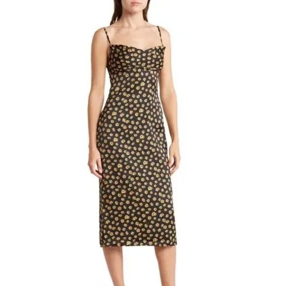 WeWoreWhat Women's Cowl Midi Dress Ditsy Daisies Size 2 Black Floral NWT